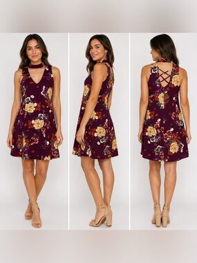 Blue Rain Floral Choker Neck Swing Dress XS Burgundy Floral